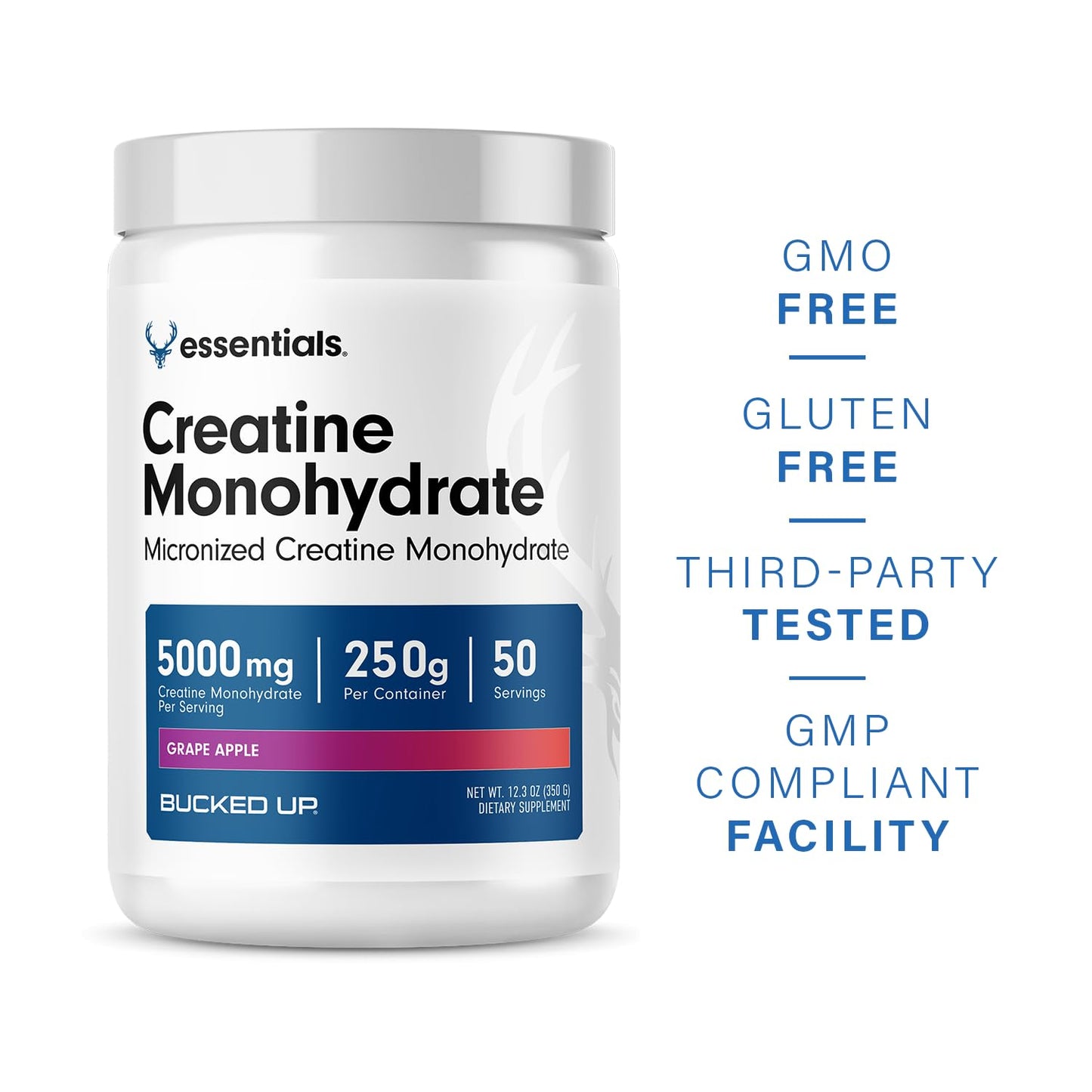Bucked Up Grape Apple Creatine Monohydrate - 5g/Serving, 50 Servings, 250g - Made in USA