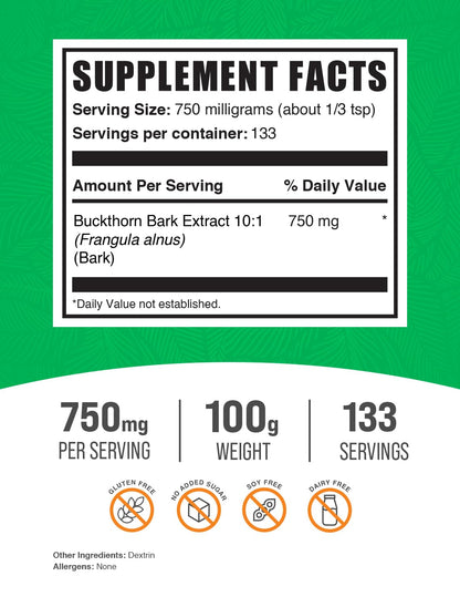 Buckthorn Bark Extract Powder – 750mg per Serving, 100g (3.5 oz) | Vegan & Gluten Free | BulkSupplements.com