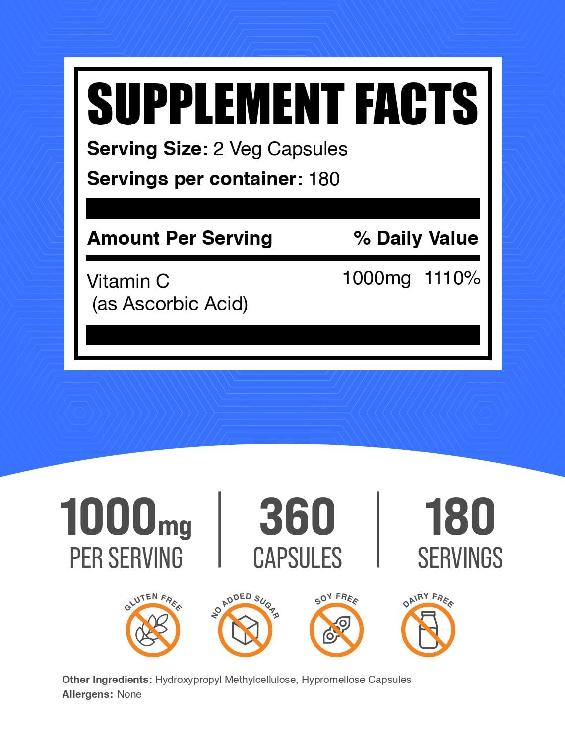 BulkSupplements.com Ascorbic Acid Capsules 1000mg - Vitamin C Supplement (2 Capsules per Serving, 360 Count) – Vegan & Gluten Free