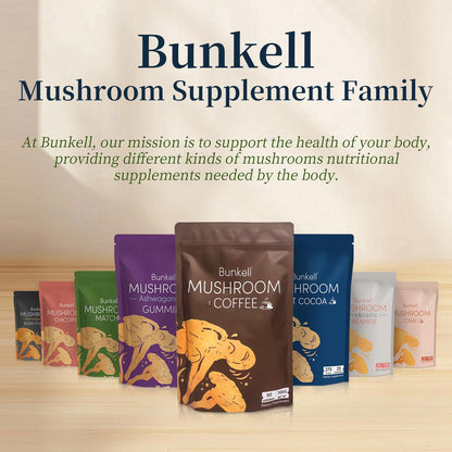 Bunkell Mushroom Coffee – Adaptogenic 6 Mushrooms (Lion's Mane, Reishi, Cordyceps, Shiitake, King Trumpet & Turkey Tail) – 40 Servings