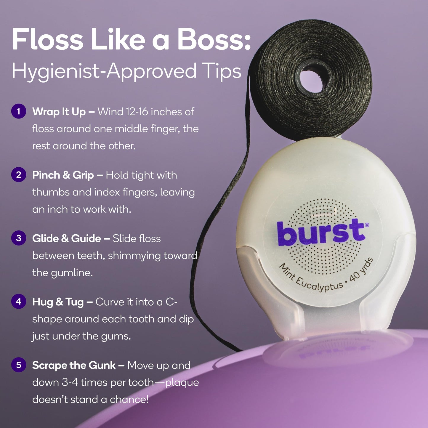 Burst Expanding Dental Floss – Mint Eucalyptus, 120 Yards (Vegan, Paraben Free)