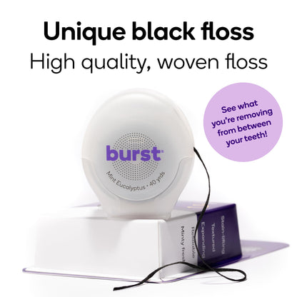 BURST Expanding Dental Floss – Mint Eucalyptus (160 Yards) | Stain-Absorbing, Woven Floss with Xylitol Coating | Vegan & Paraben-Free