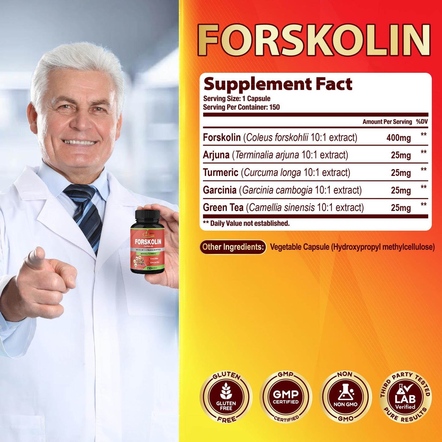 Cadane Forskolin 5-in-1 Capsules – Turmeric, Arjuna, Garcinia, Green Tea | 150 Caps