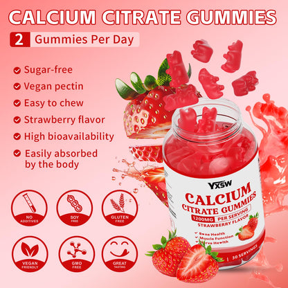 Calcium Citrate Gummies 1200mg - Strawberry Flavor, Sugar Free, Vegan (60 Count)