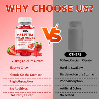 Calcium Citrate Gummies 1200mg - Strawberry Flavor, Sugar Free, Vegan (60 Count)