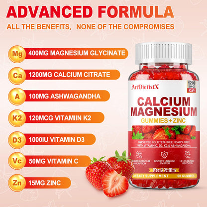 Calcium Magnesium Zinc Gummies with Vitamin D3 for Adults - 1200mg Calcium Citrate, K2, Boron, Copper, Ashwagandha | 60 Count
