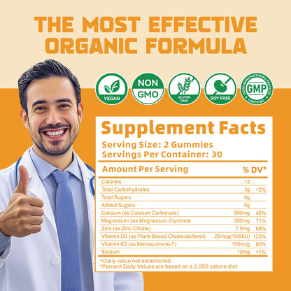 Calcium Magnesium Zinc Gummies with Vitamin D3 & K2 - High Potency, 60 Orange Gummies