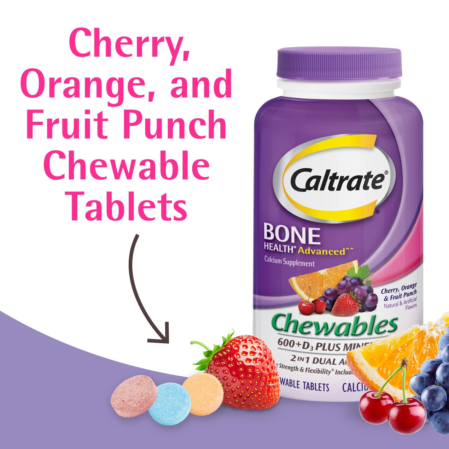 Caltrate Chewables 600 Plus D3 Plus Minerals Calcium Vitamin D Supplement – 60 Count (Cherry, Orange & Fruit Punch)