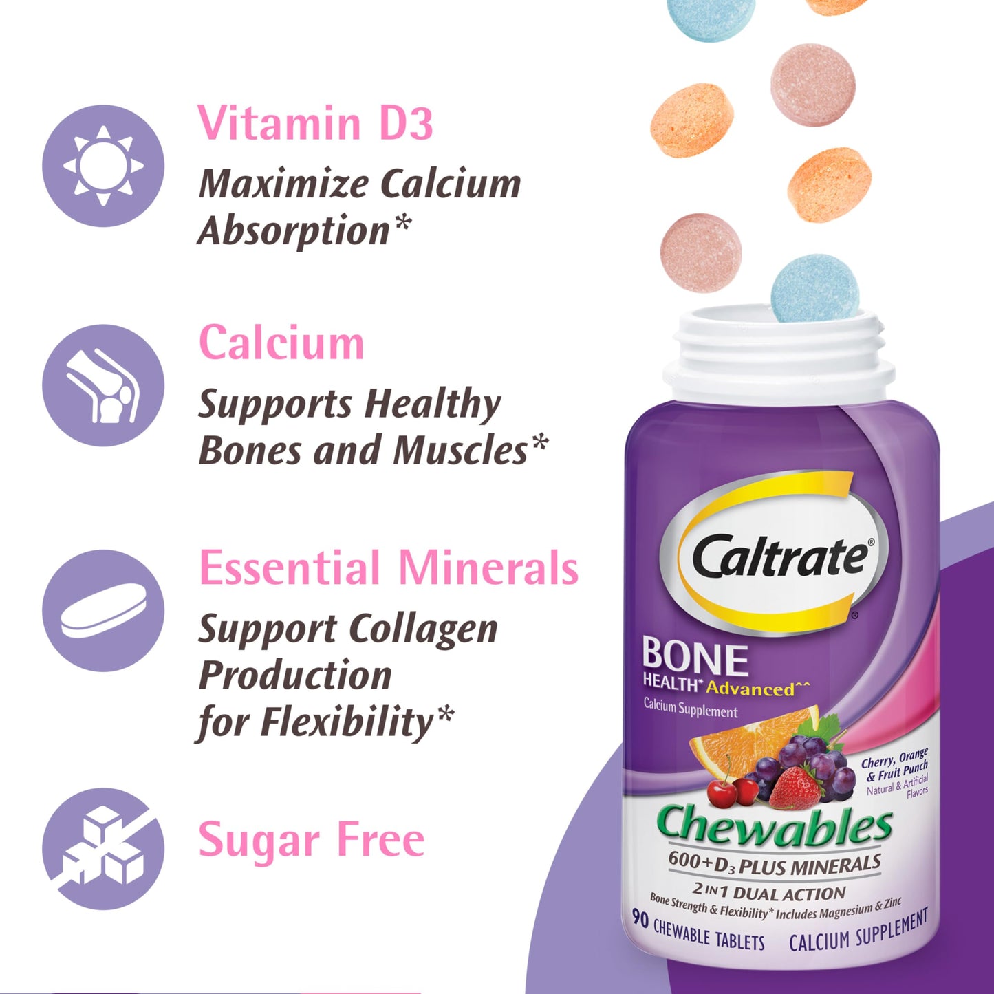 Caltrate Chewables 600+D3 Plus Minerals Calcium and Vitamin D Supplement - Sugar Free, Cherry, Orange & Fruit Punch, 90 Count
