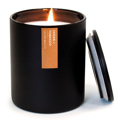 Calyan Wax Co. Cedar & Tobacco Candle – 75 Hour Burn – Non-Toxic Soy | Black Matte Tumbler Jar 10.2oz