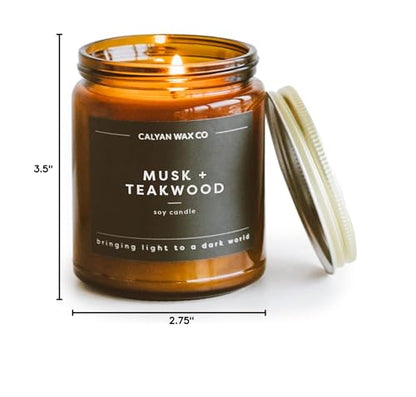 Calyan Wax Co. Musk & Teakwood Candle | 57-Hour Burn, Non-Toxic Soy, Amber Glass Jar 7.2oz