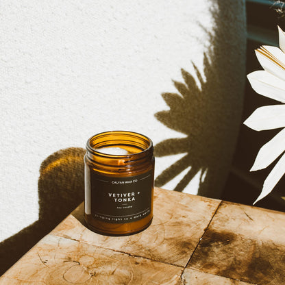 Calyan Wax Co. Oakmoss & Amber Candle – 57 Hour Burn, Non-Toxic Soy, Amber Glass Jar 7.2oz