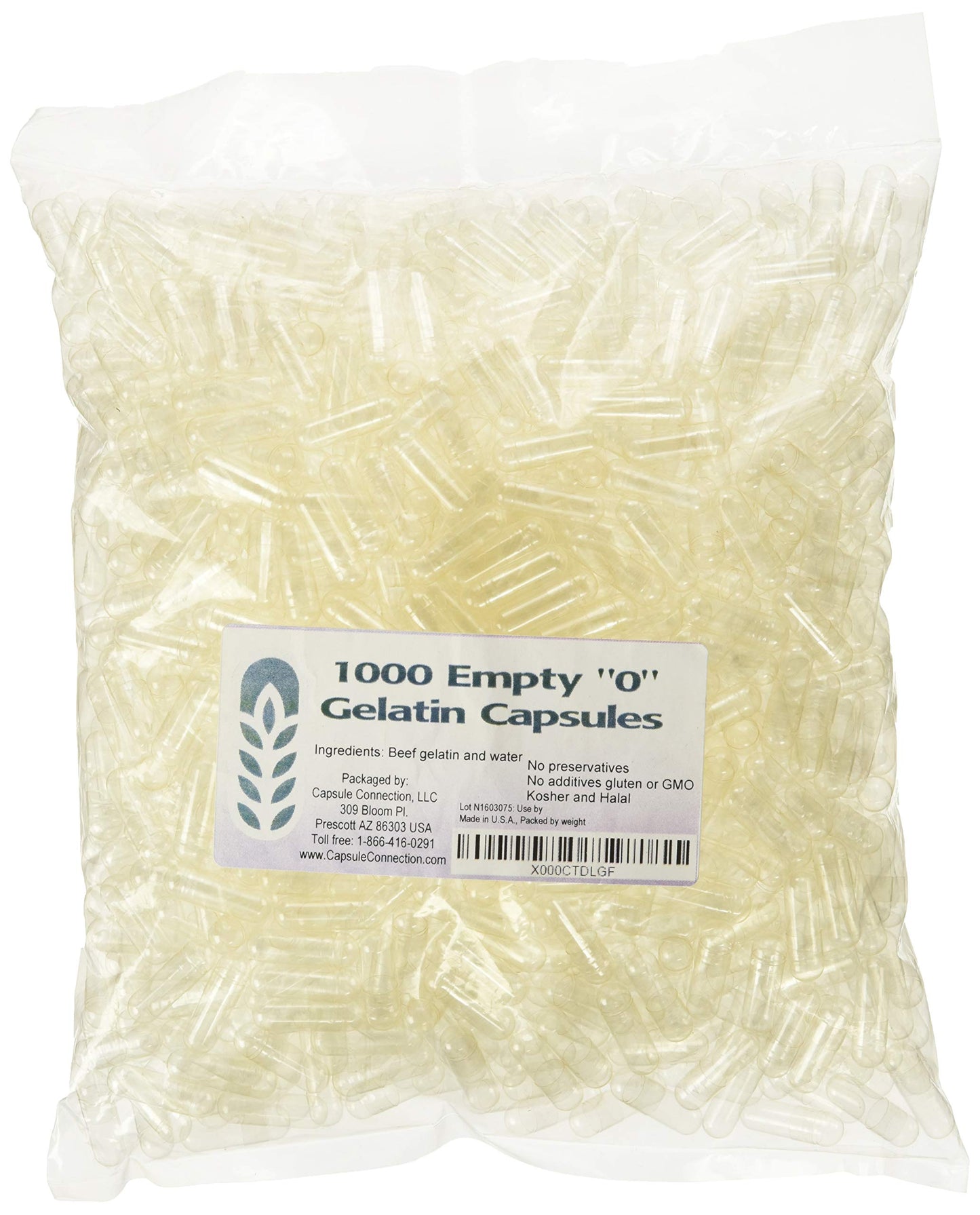 Capsule Connection 1000 Bulk "0" Empty Gelatin Capsules, USA-made, resealable bag