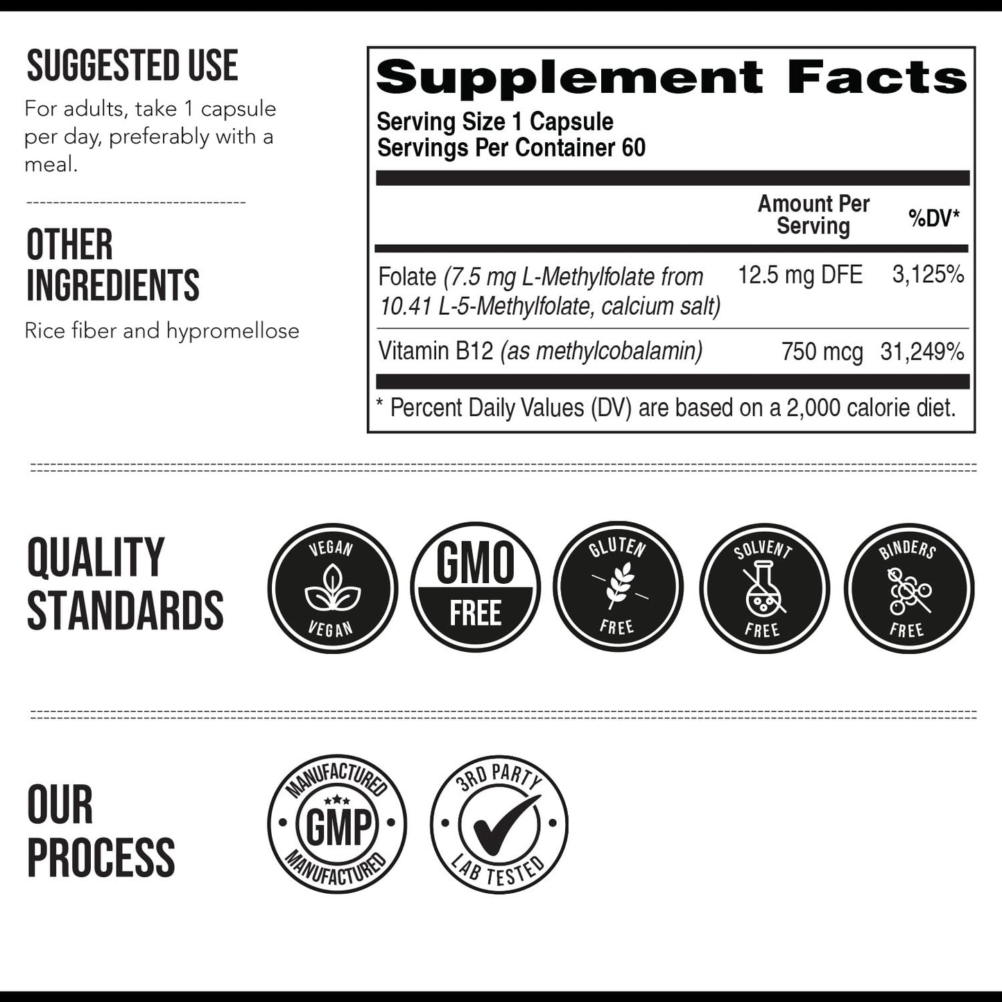 L Methylfolate 7.5mg + Methyl B12 (5-MTHF) - MTHFR Supplement - Bloodstream Ready Folate + B12 Cofactor - 60 Capsules