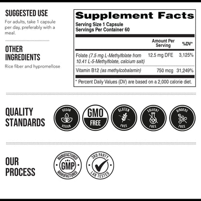L Methylfolate 7.5mg + Methyl B12 (5-MTHF) - MTHFR Supplement - Bloodstream Ready Folate + B12 Cofactor - 60 Capsules