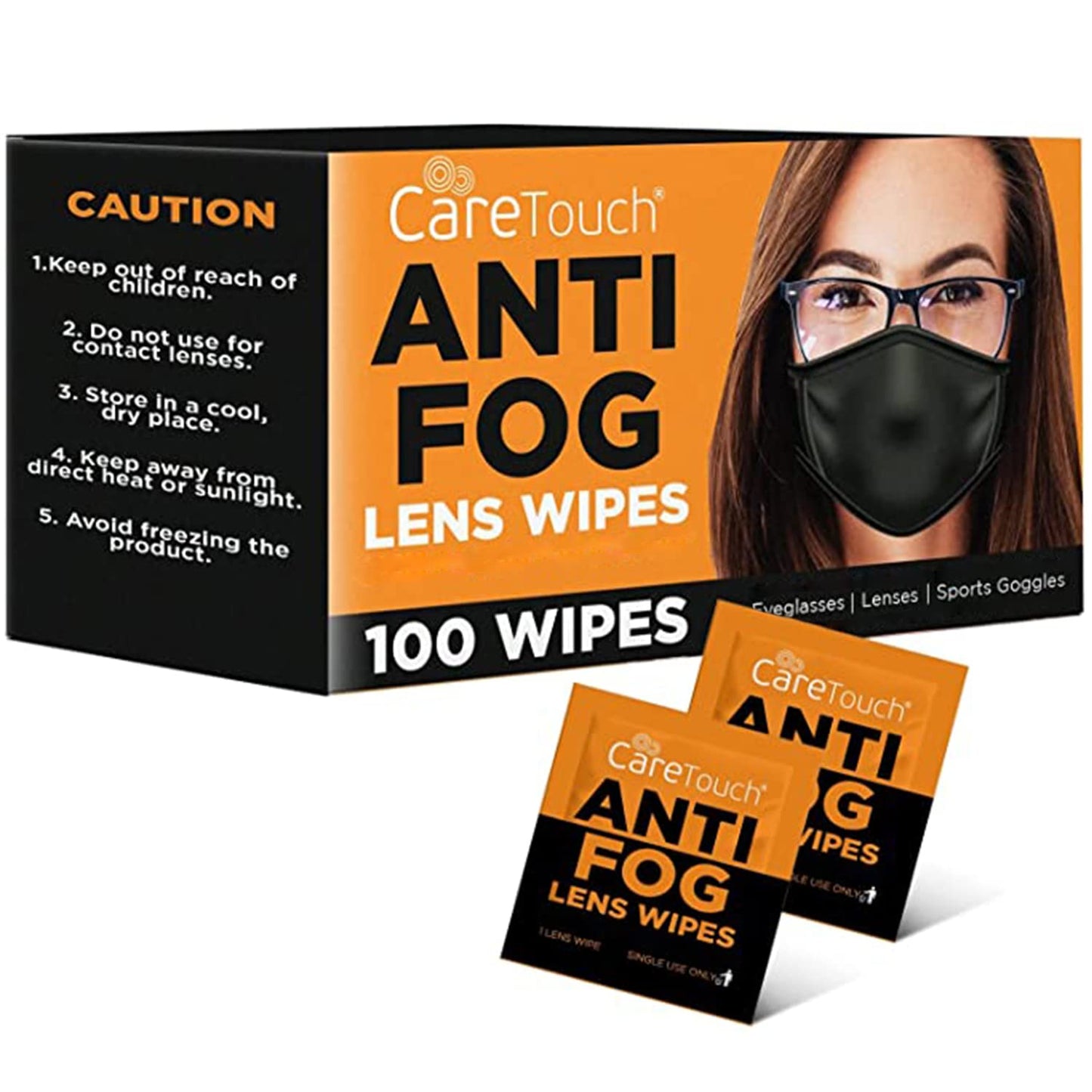 Care Touch Anti-Fog Wipes for Glasses - 100 Individually Wrapped Lenses Wipes