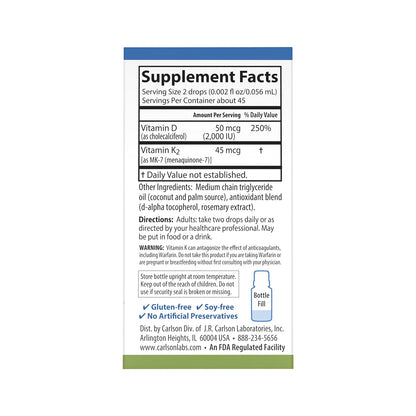 Carlson Super Daily D3 + K2, 50 mcg D3 + 45 mcg MK-7 | Heart & Bone Health | 90 Drops (Pack of 2)