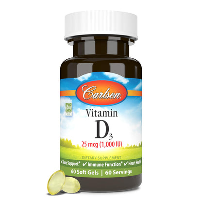 Carlson - Vitamin D3, 1000 IU (25 mcg), Bone Health, Muscle Health, Cholecalciferol, Vitamin D Supplements, Vitamin D3 Soft Gels, 60 Softgels