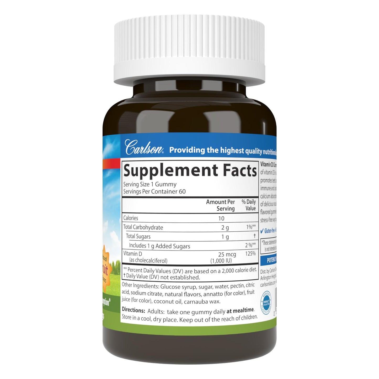 Carlson Vitamin D3 Gummies 1000 IU (25 mcg) – Bone Health, Immune Support & Calcium Absorption | 60 Vegetarian Gummies
