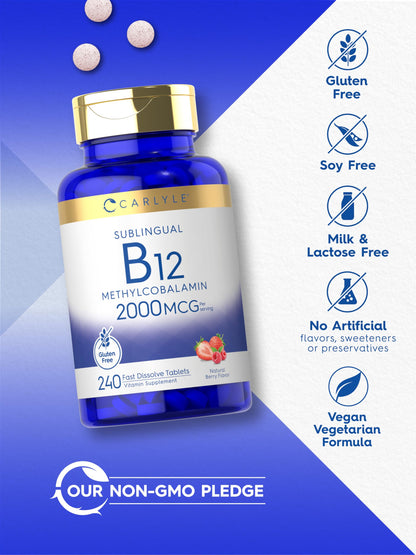 Carlyle B12 Vitamin 2000 mcg | 240 Fast Dissolve Tablets | Sublingual Methylcobalamin | Berry Flavor | Vegetarian, Non-GMO & Gluten Free Supplement