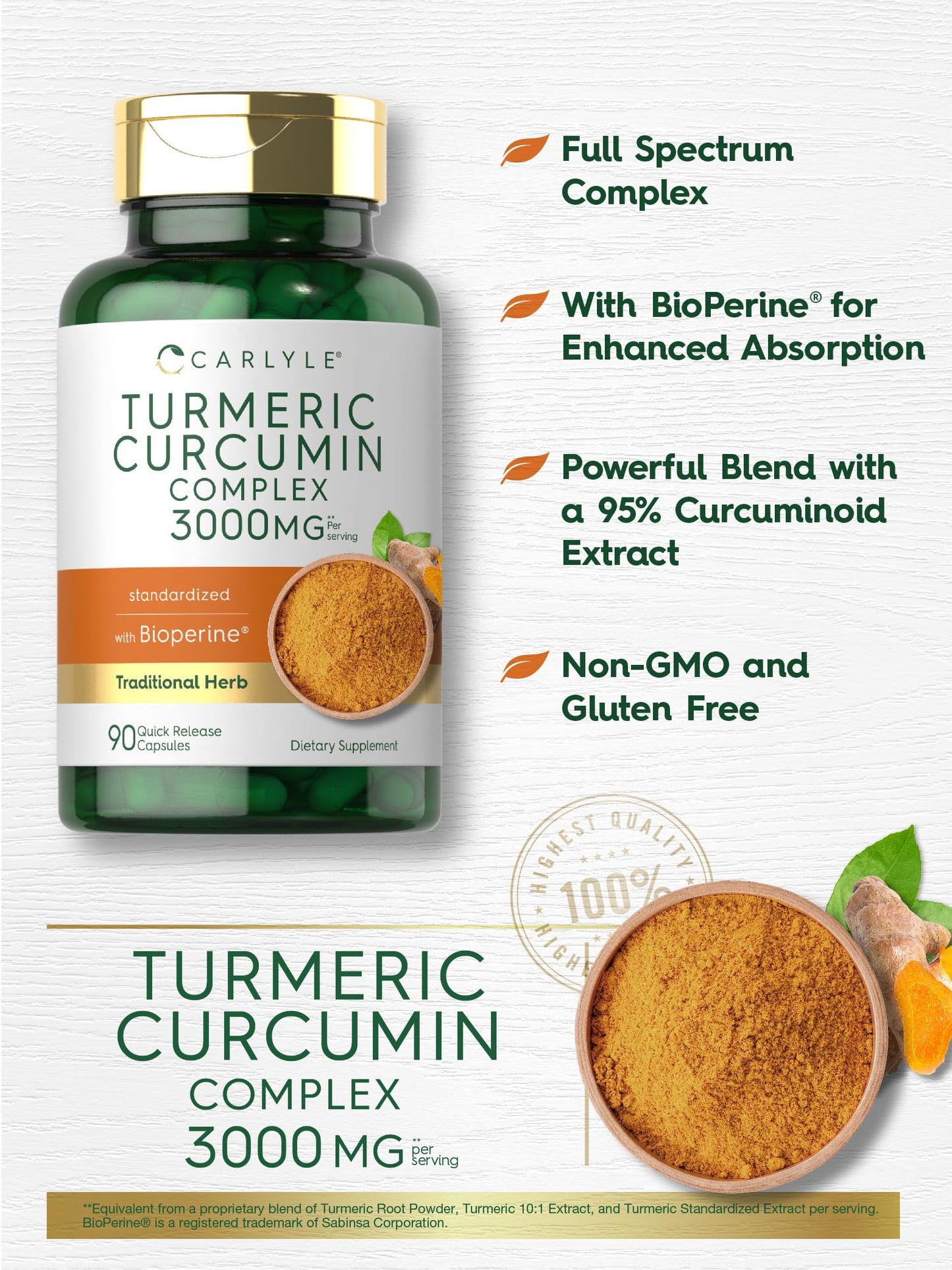 Carlyle Turmeric Curcumin 3000mg with Bioperine – 90 Capsules | Non-GMO, Gluten Free