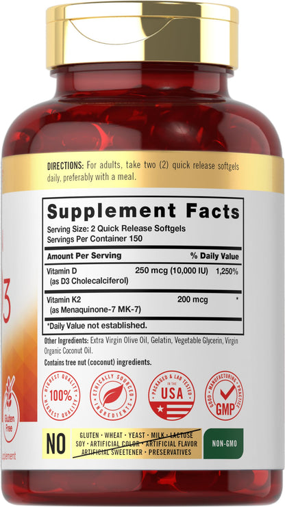 Vitamin K2 + D3 Supplement for Bone Health - Carlyle 300 Softgels | 200 mcg K2 MK-7 & 10,000 IU D3 | Non-GMO, Gluten Free (Pack of 2)