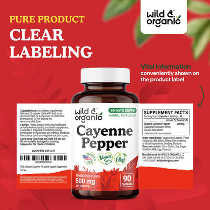 Wild & Organic Cayenne Pepper Capsules 500 mg - Digestive Support (Vegan, Non-GMO)