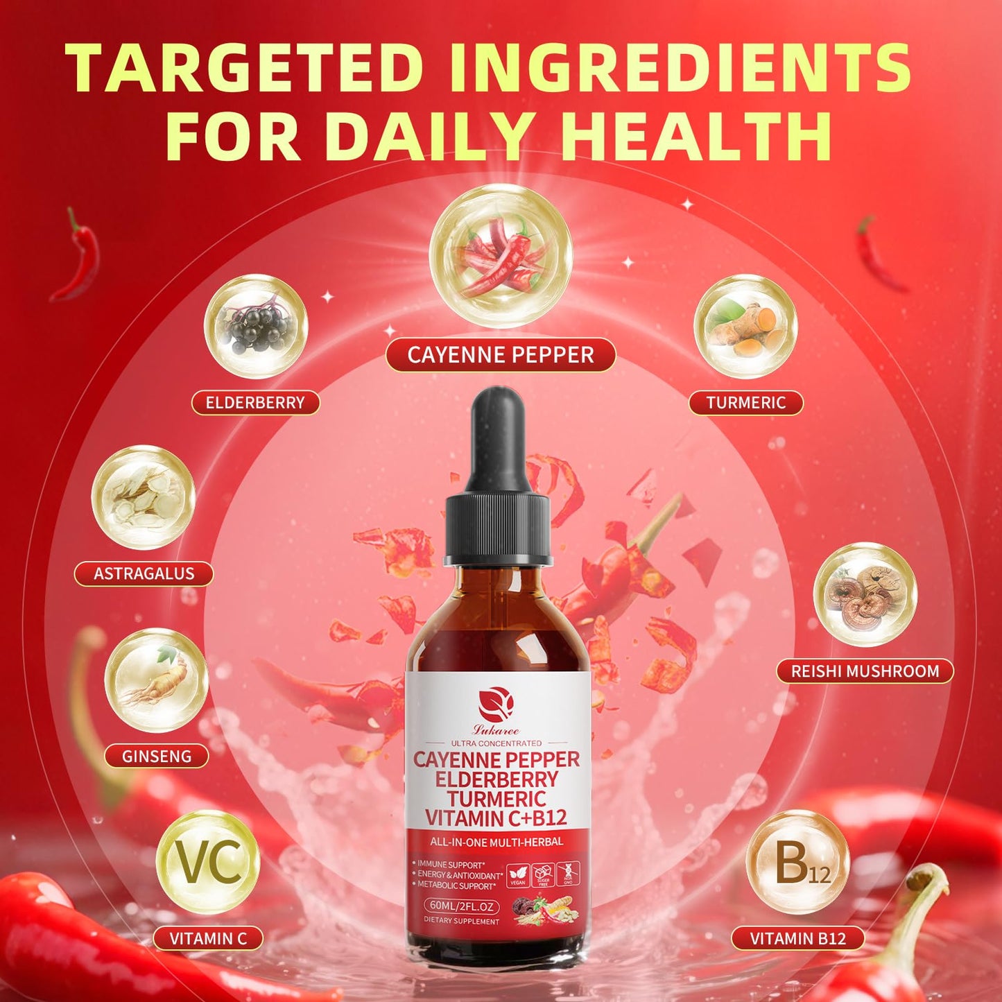 Cayenne Pepper Drops 8-in-1 Complex | Berry Flavor, 2 oz – Elderberry, Turmeric, Ginseng, Vitamin C & B12
