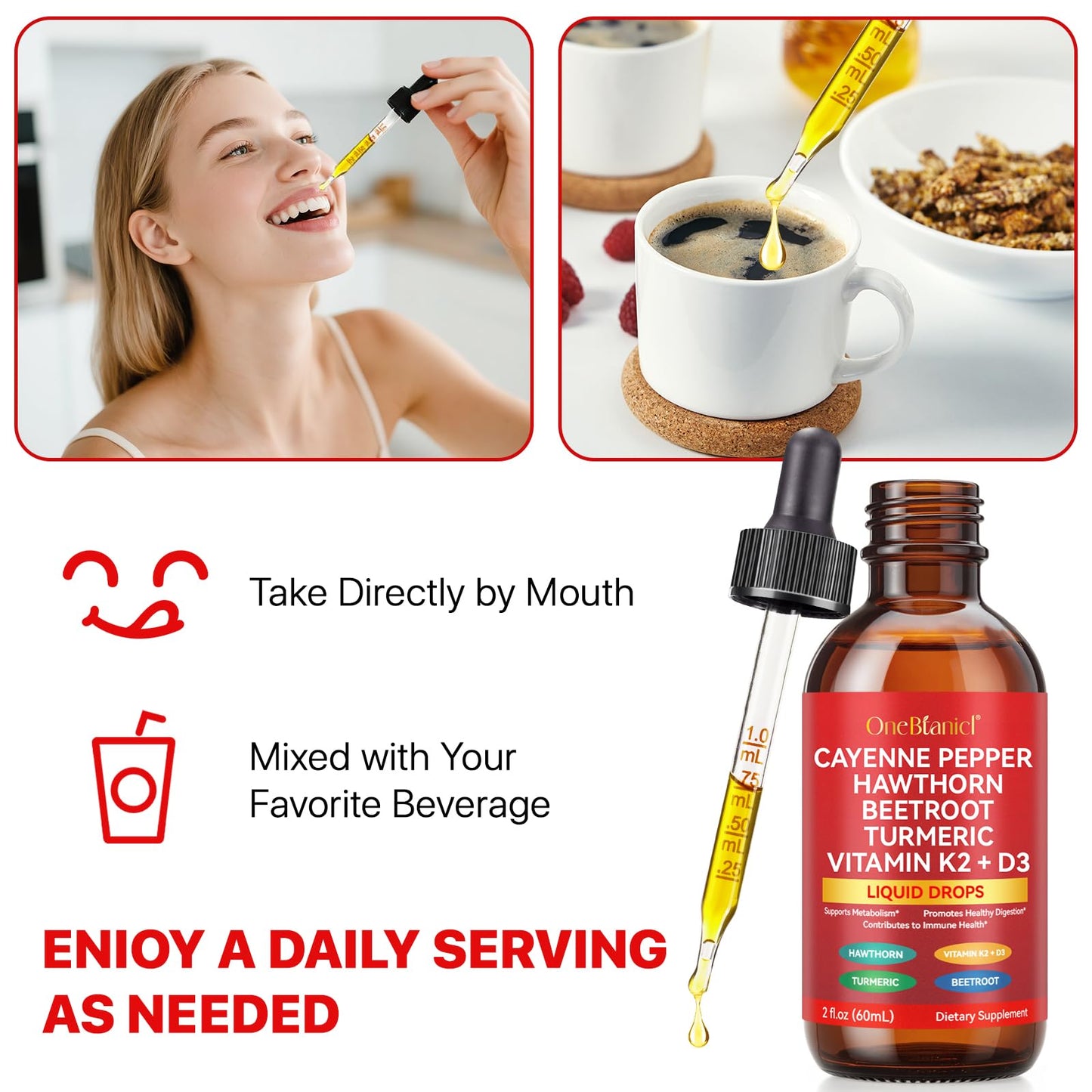 2-Count Cayenne Pepper Drops with Hawthorn, Beet Root, Turmeric, Vitamin K2 & D3 - 60ml