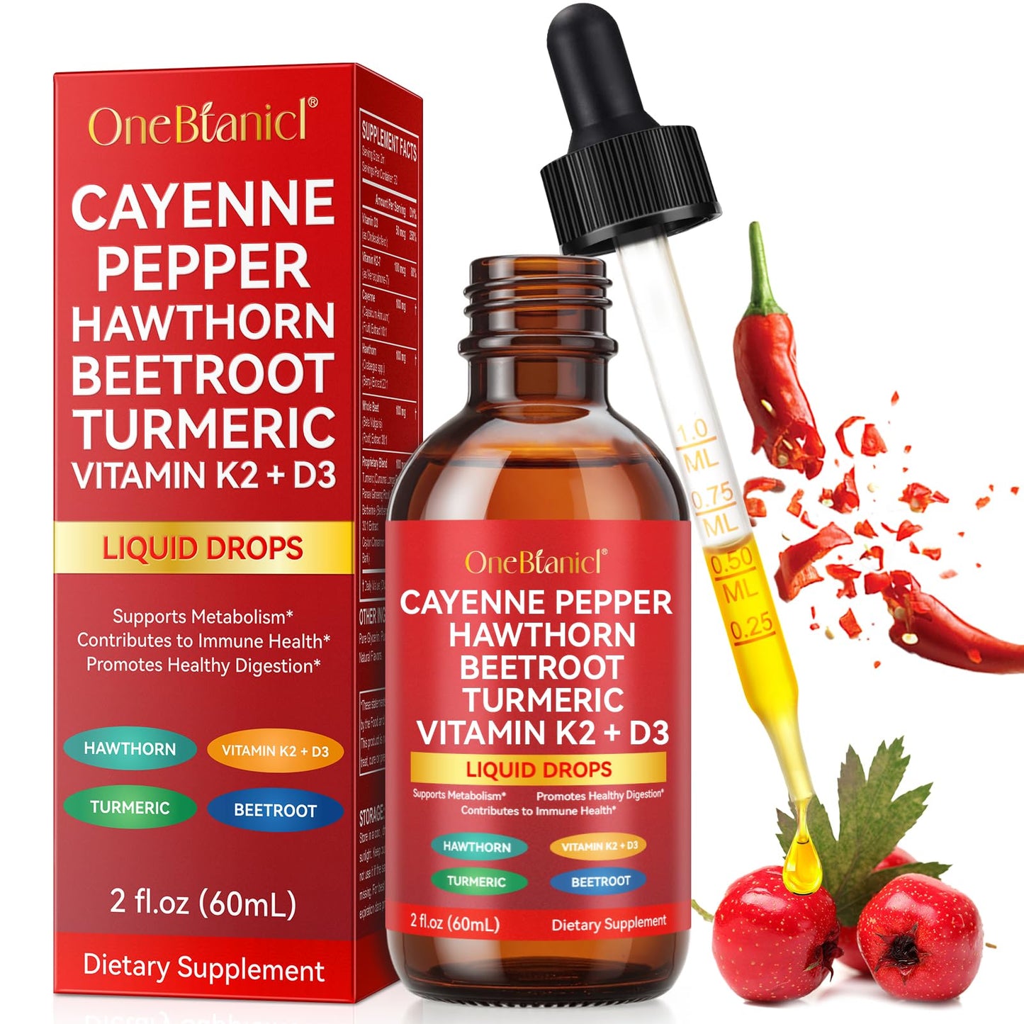 Cayenne Pepper Drops Liquid - Turmeric Curcumin, Hawthorn Berry, Cinnamon, Panax Ginseng & Berberine 2 oz