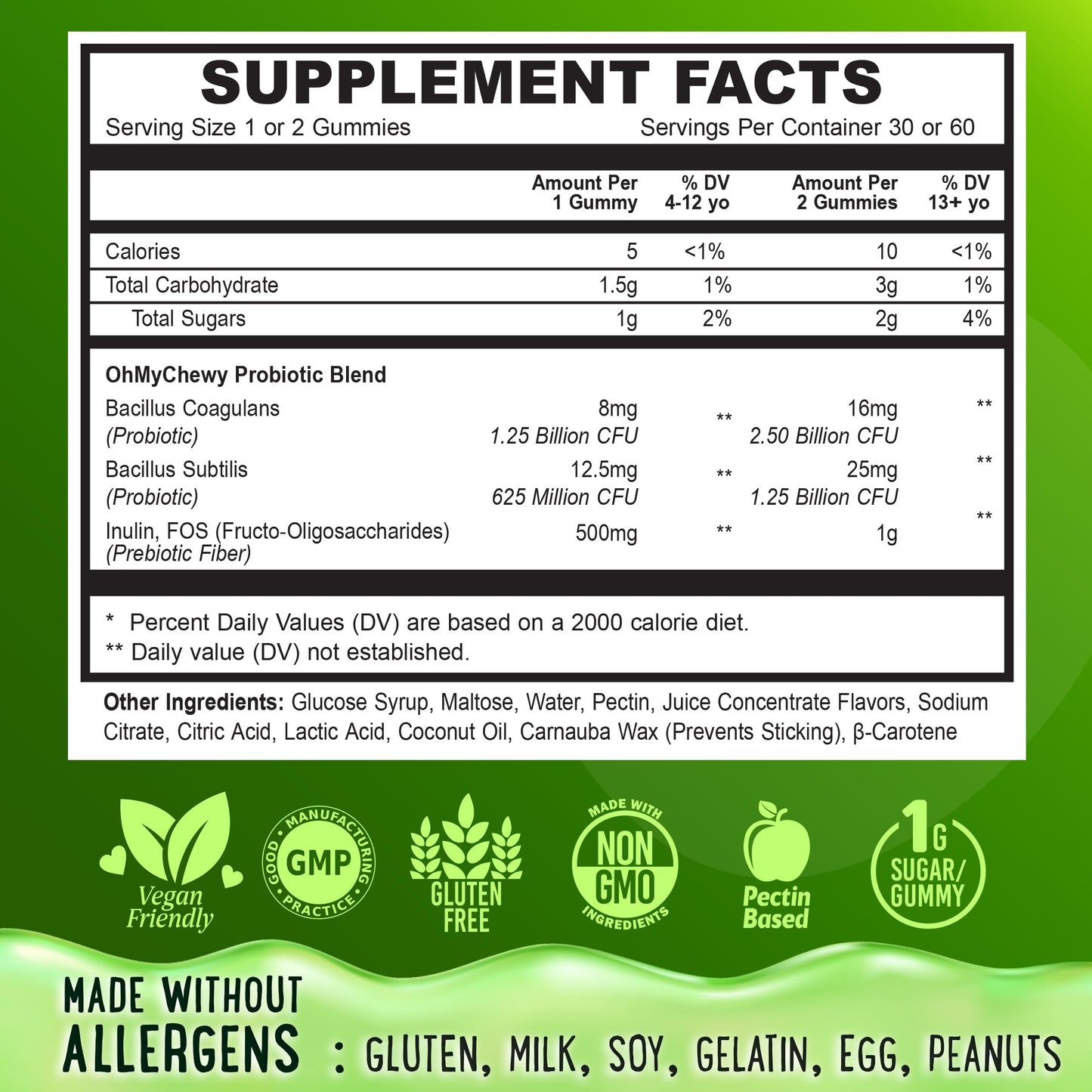 Center-Filled Kids Probiotic Gummies with Prebiotic & Vegan Inulin Fiber | Digestive Support for 3+ | Apple & Kiwi Flavor | 60 Count