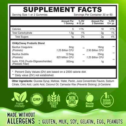 Center-Filled Kids Probiotic Gummies with Prebiotic & Vegan Inulin Fiber | Digestive Support for 3+ | Apple & Kiwi Flavor | 60 Count