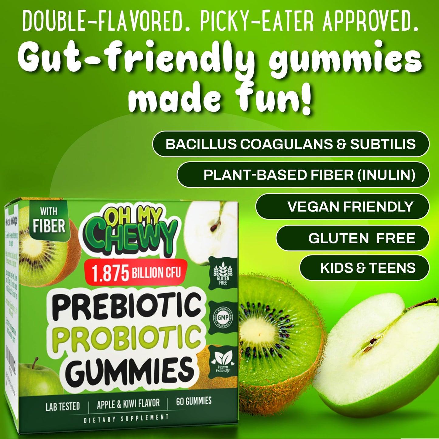 Center-Filled Kids Probiotic Gummies with Prebiotic & Vegan Inulin Fiber | Digestive Support for 3+ | Apple & Kiwi Flavor | 60 Count