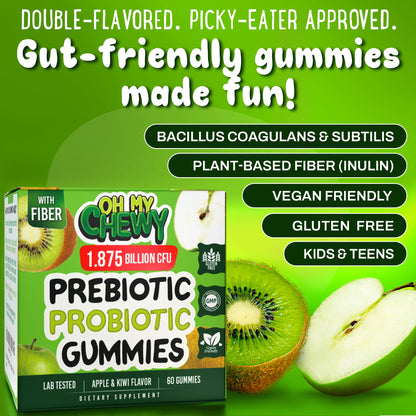 Center-Filled Kids Probiotic Gummies with Prebiotic & Vegan Inulin Fiber | Digestive Support for 3+ | Apple & Kiwi Flavor | 60 Count