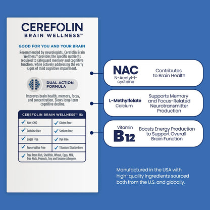 Cerefolin Brain Wellness | Targeted Cognitive Support with L-Methylfolate, NAC & B12 | 30 Count