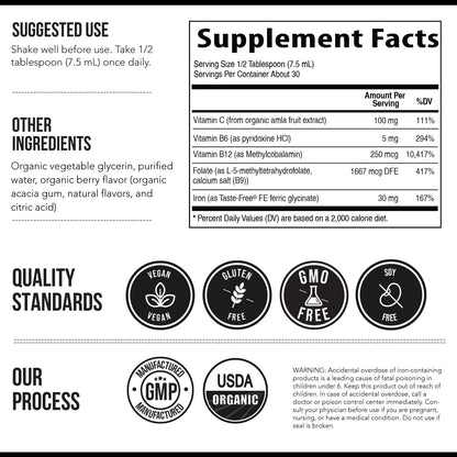 Liquid Iron Supplement - Organic Berry Flavor, 7.6 oz | Vitamin C & B Vitamins