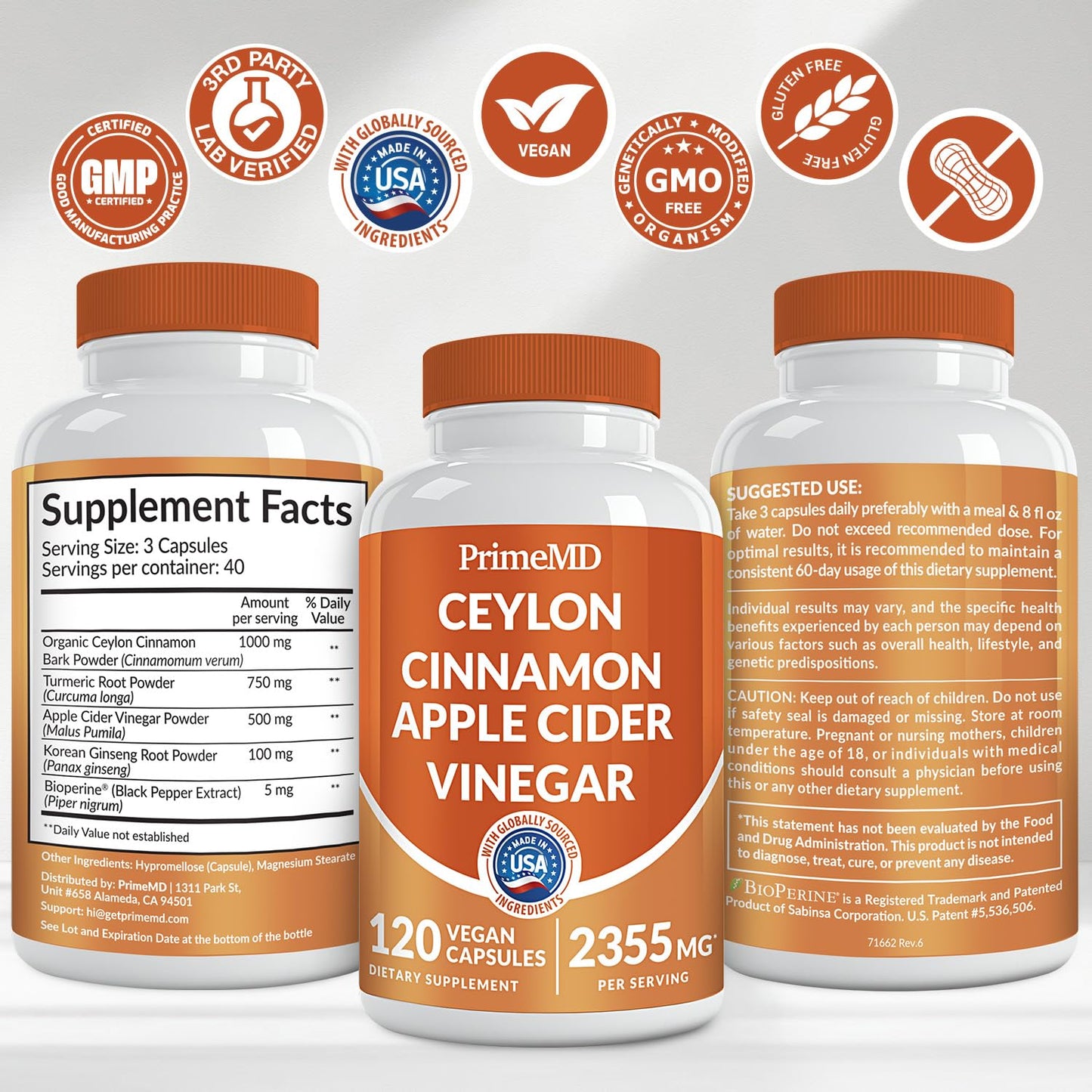 5-in-1 Ceylon Cinnamon Capsules 2355mg – 120 ct | Apple Cider Vinegar, Turmeric
