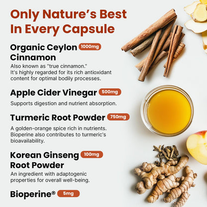5-in-1 Ceylon Cinnamon Capsules 2355mg – 120 ct | Apple Cider Vinegar, Turmeric