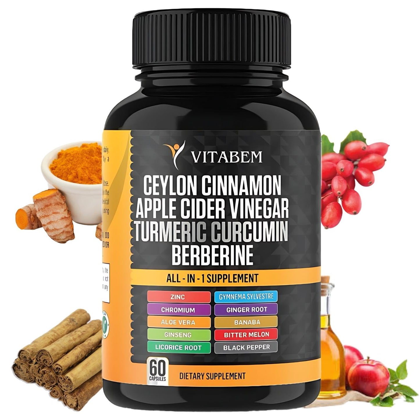 Ceylon Cinnamon Capsules + Apple Cider Vinegar – Turmeric 3000mg, Berberine 1200mg, 60 Count