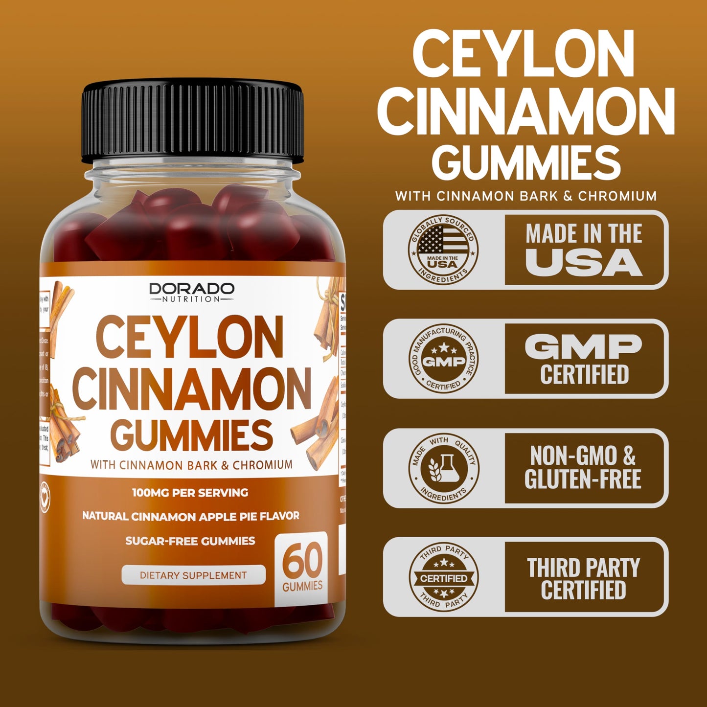 Ceylon Cinnamon Gummies (60 Count) Apple Cider Vinegar Cinnamon, Turmeric, Berberine & Ginseng | Ceylon Supplements | Vegan Safe & USA Made (Pack of 2)