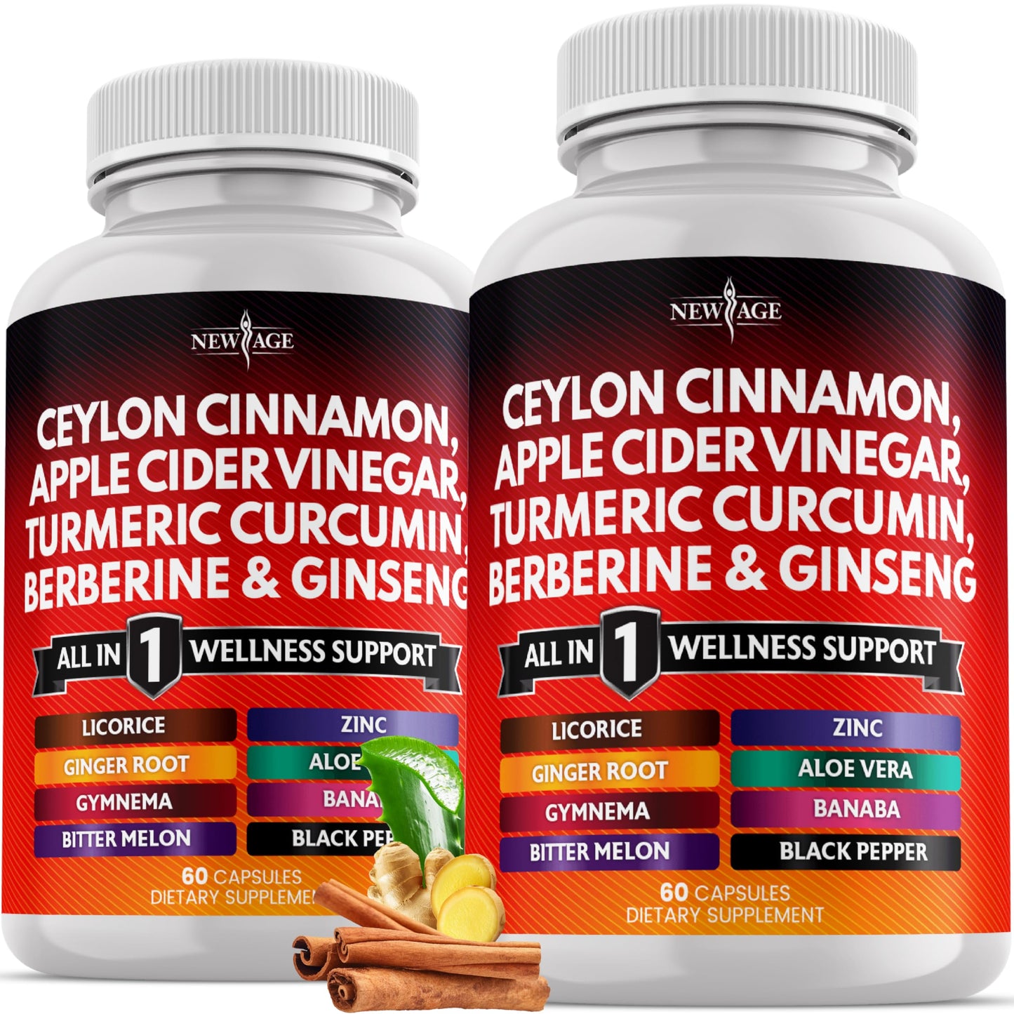 Ceylon Cinnamon Turmeric Apple Cider Vinegar Ginseng Aloe Vera Berberine Banaba Ginger Root - 120 Count