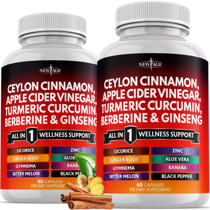 Ceylon Cinnamon Turmeric Apple Cider Vinegar Ginseng Aloe Vera Berberine Banaba Ginger Root - 120 Count