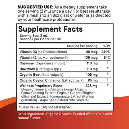 Cayenne Pepper Liquid Drops with Hawthorn Berry, Vitamin D3 K2 – 6oz