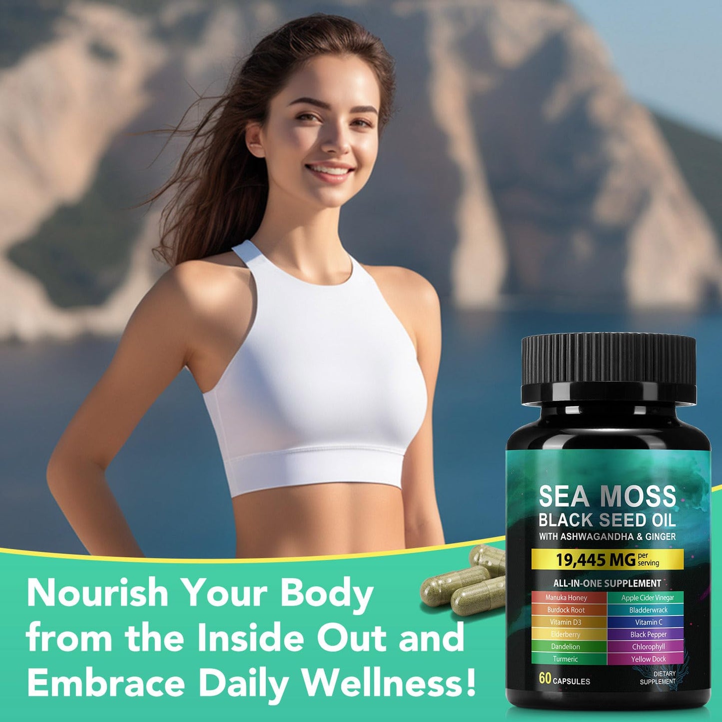 CFXYHNOX Sea Moss & Black Seed Oil Capsules with Ashwagandha – 60 Count (Plant-Based)