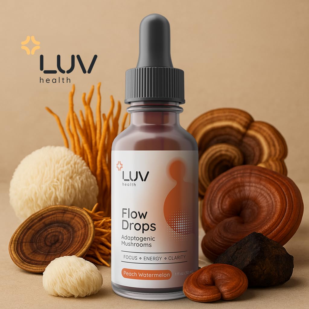 LUV health Flow Drops – Energy, Focus & Immune Support | Adaptogenic Mushrooms (Vegan, Made in USA)