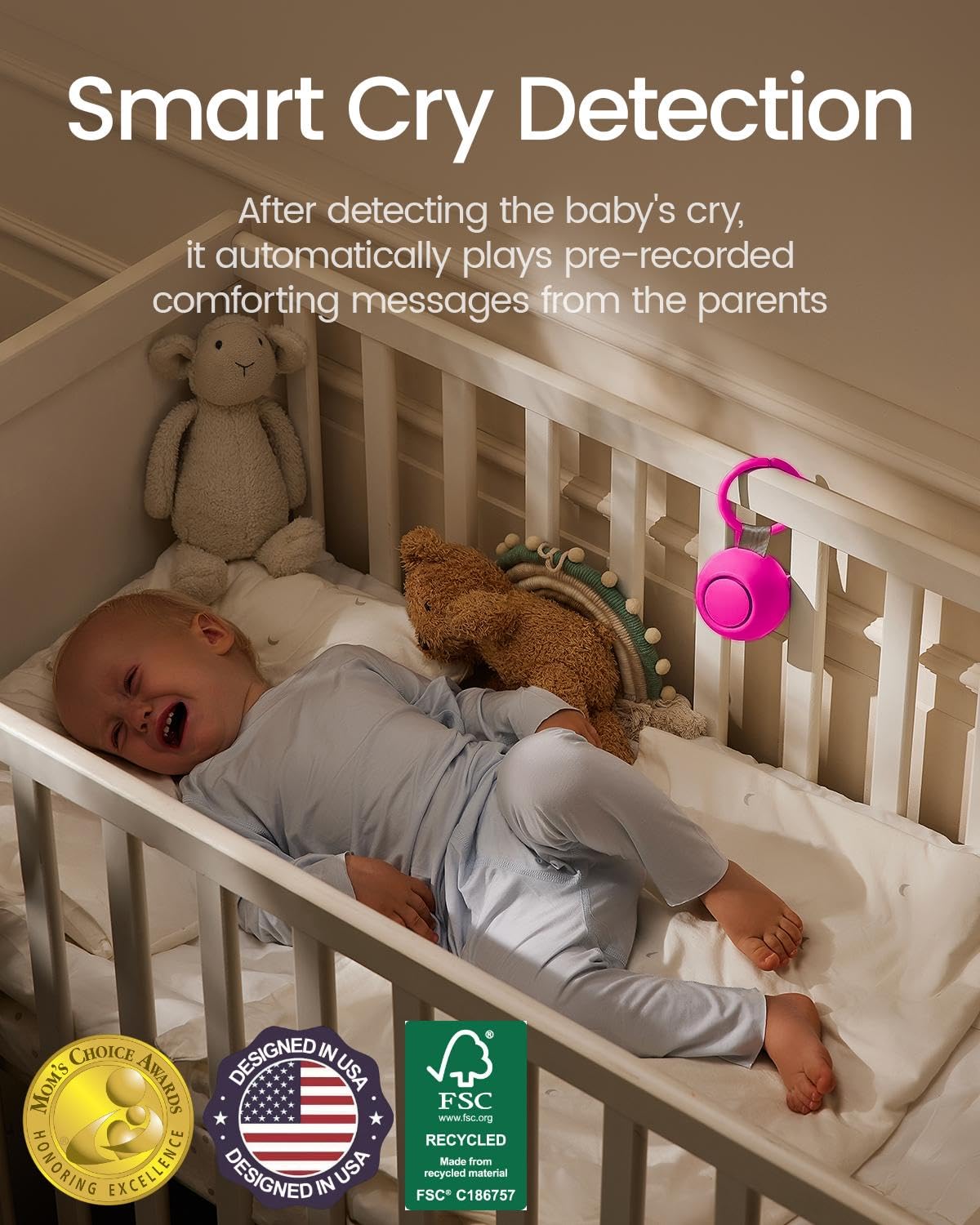 CHICWAY Portable Sound Machine for Baby and Adults — AI Cry Detection, 18 Sounds, Barbie Pink