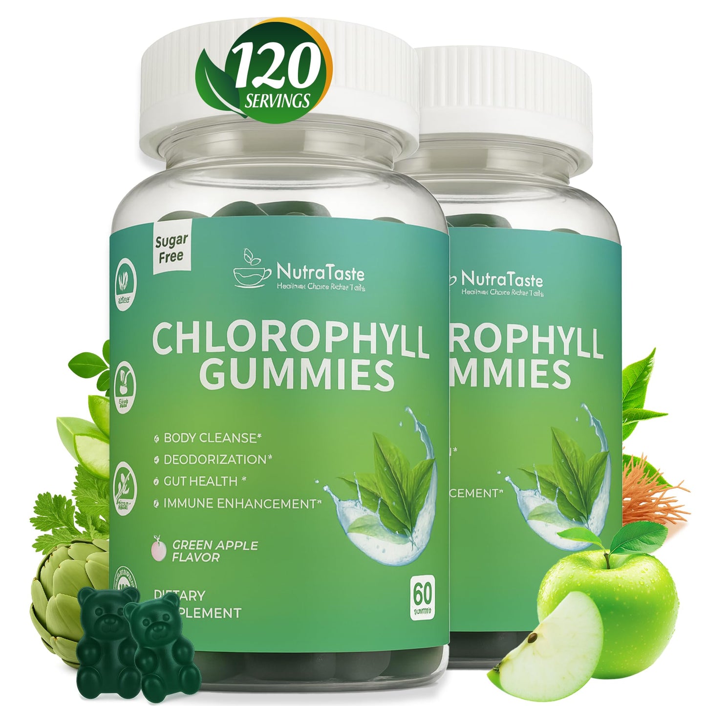 Chlorophyll Gummies with Vitamins C, D3, E, B12 & Zinc — Vegan, Sugar-Free | Immune & Digestive Support | Green Apple (60 Count Pack of 2)