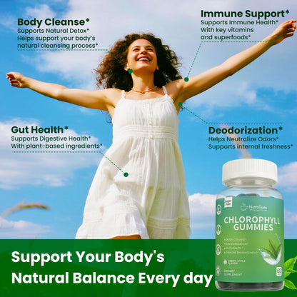 Chlorophyll Gummies with Vitamins C, D3, E, B12 & Zinc — Vegan, Sugar-Free | Immune & Digestive Support | Green Apple (60 Count Pack of 2)