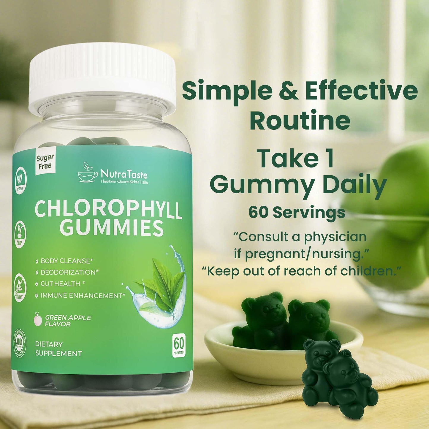 Chlorophyll Gummies with Vitamins C, D3, E, B12 & Zinc — Vegan, Sugar-Free | Immune & Digestive Support | Green Apple (60 Count Pack of 2)