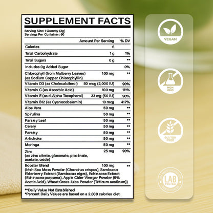 Chlorophyll Gummies with Vitamins C, D3, E, B12 & Zinc — Vegan, Sugar-Free | Immune & Digestive Support | Green Apple (60 Count Pack of 2)